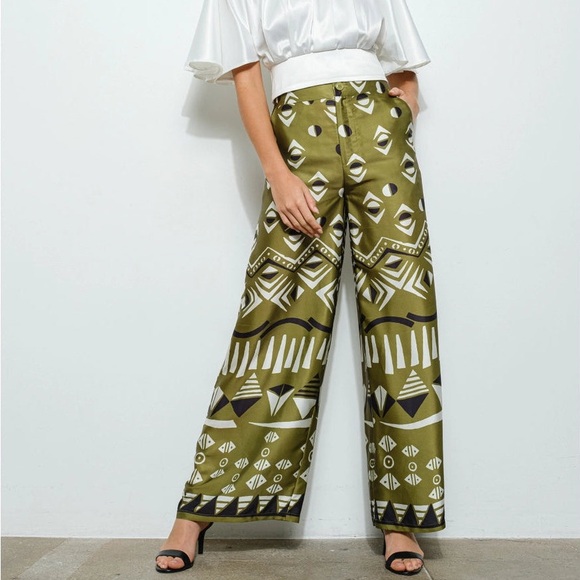 Zara Wide Leg Green Patterned Pants XS - Picture 1 of 6